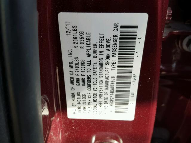 1HGCP2F74CA056578 - 2012 HONDA ACCORD EX RED photo 10