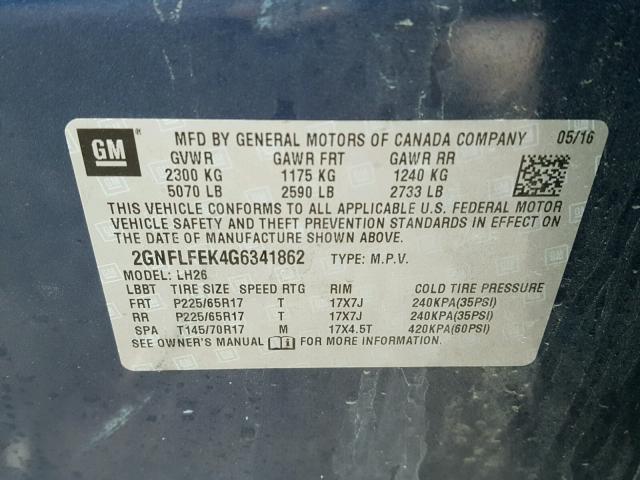 2GNFLFEK4G6341862 - 2016 CHEVROLET EQUINOX LT BLUE photo 10