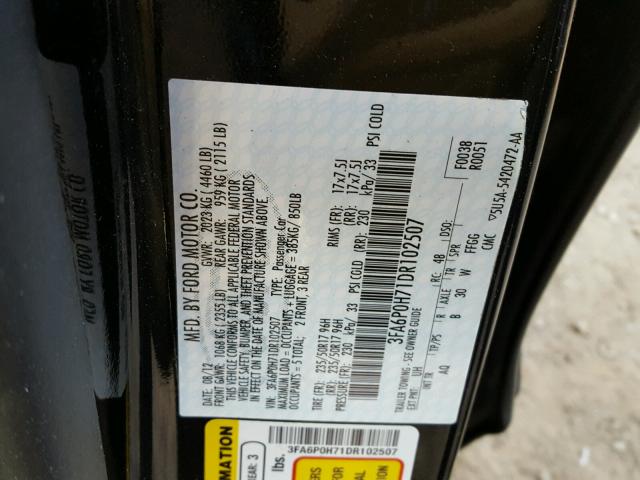 3FA6P0H71DR102507 - 2013 FORD FUSION SE BLACK photo 10