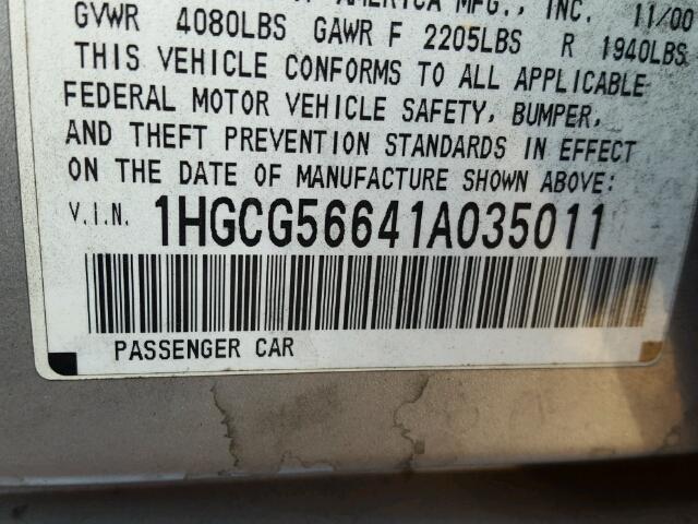 1HGCG56641A035011 - 2001 HONDA ACCORD EX SILVER photo 10