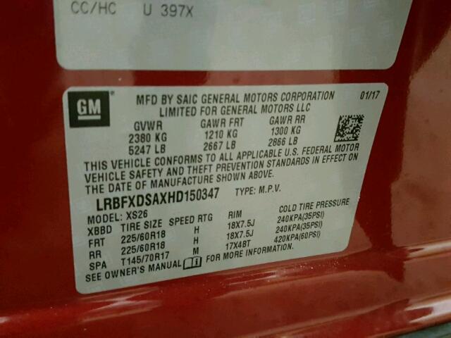 LRBFXDSAXHD150347 - 2017 BUICK ENVISION E BURGUNDY photo 10