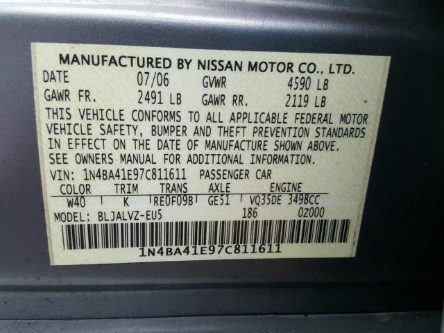 1N4BA41E97C811611 - 2007 NISSAN MAXIMA SE GRAY photo 10