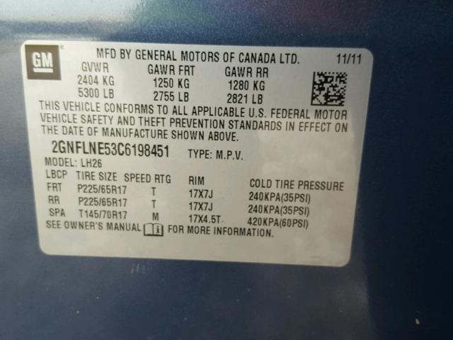 2GNFLNE53C6198451 - 2012 CHEVROLET EQUINOX LT BLUE photo 10