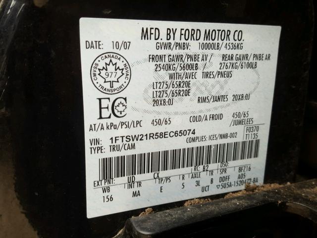 1FTSW21R58EC65074 - 2008 FORD F250 SUPER BLACK photo 10