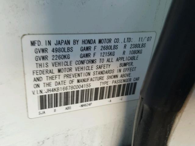 JH4KB16678C004155 - 2008 ACURA RL თეთრი ფოტო 10