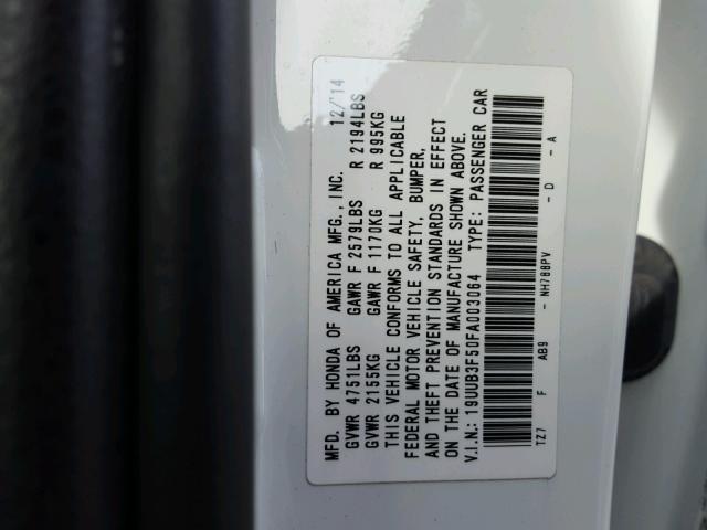 19UUB3F50FA003064 - 2015 ACURA TLX TECH أبيض صورة 10