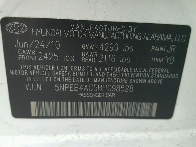 5NPEB4AC5BH098528 - 2011 HYUNDAI SONATA GLS WHITE photo 10