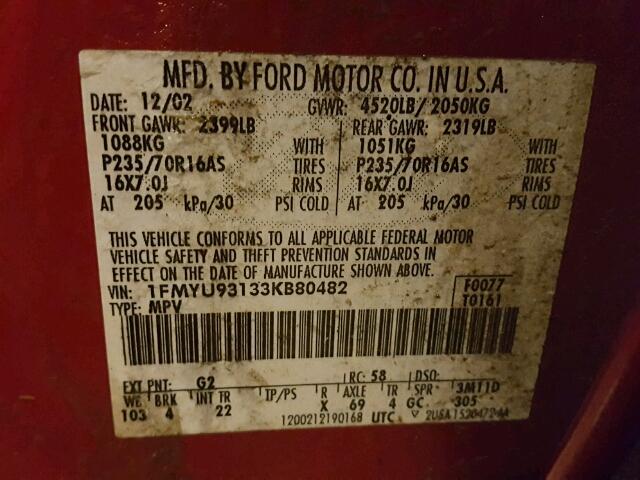 1FMYU93133KB80482 - 2003 FORD ESCAPE XLT RED photo 10