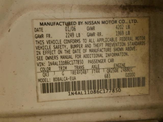 1N4AL11D86C177850 - 2006 NISSAN ALTIMA S WHITE photo 10