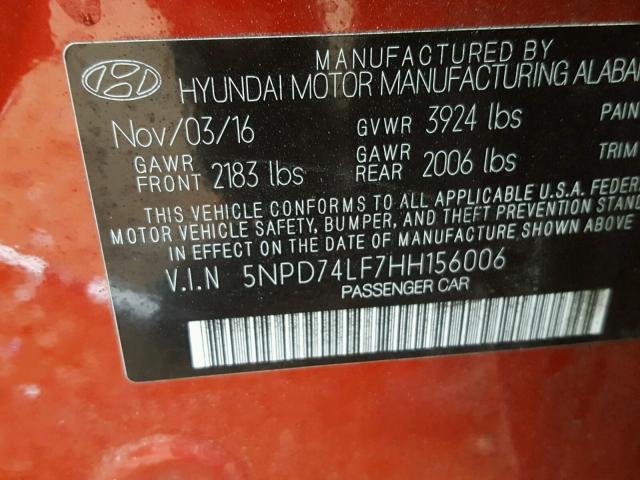 5NPD74LF7HH156006 - 2017 HYUNDAI ELANTRA SE RED photo 10