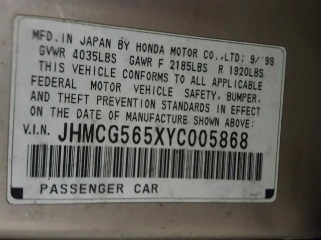 JHMCG565XYC005868 - 2000 HONDA ACCORD EX GOLD photo 10