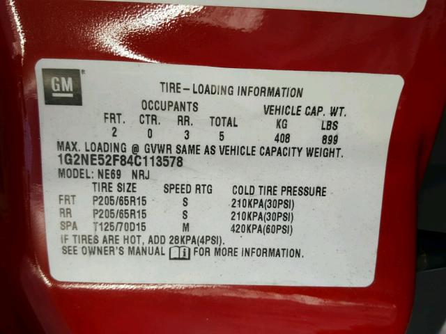 1G2NE52F84C113578 - 2004 PONTIAC GRAND AM S RED photo 10