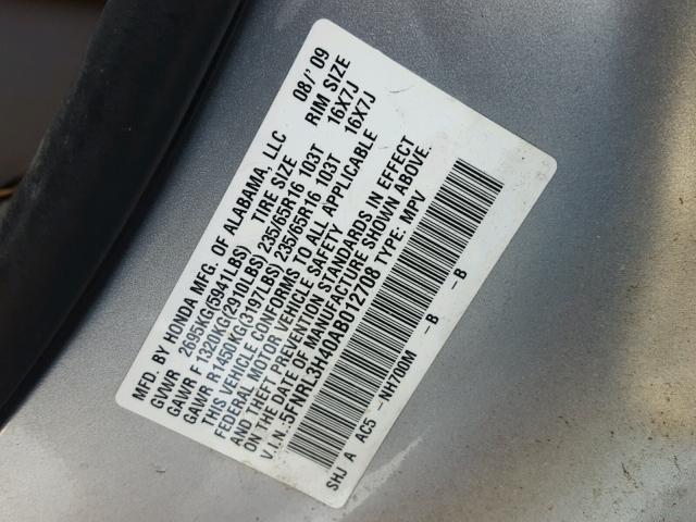 5FNRL3H40AB012708 - 2010 HONDA ODYSSEY EX SILVER photo 10