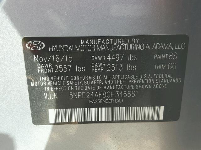 5NPE24AF8GH346661 - 2016 HYUNDAI SONATA SE SILVER photo 10