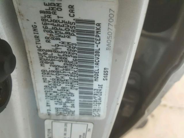 4T1BE32K12U603993 - 2002 TOYOTA CAMRY LE GRAY photo 10