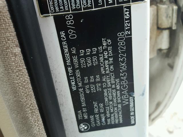 WBAGB4316K3212808 - 1989 BMW 735 I AUTO WHITE photo 10