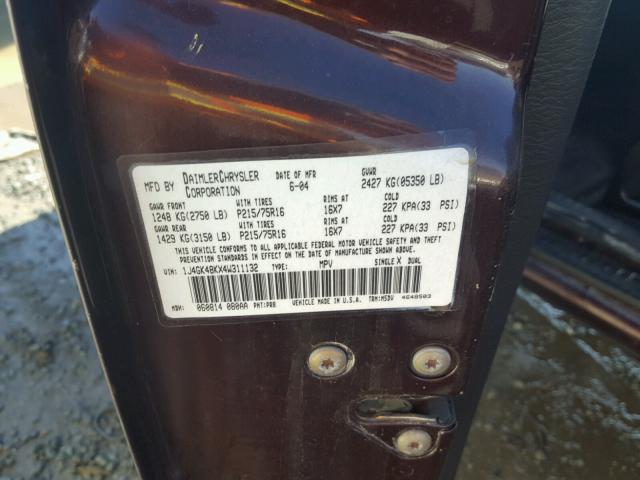 1J4GK48KX4W311132 - 2004 JEEP LIBERTY SP MAROON photo 10