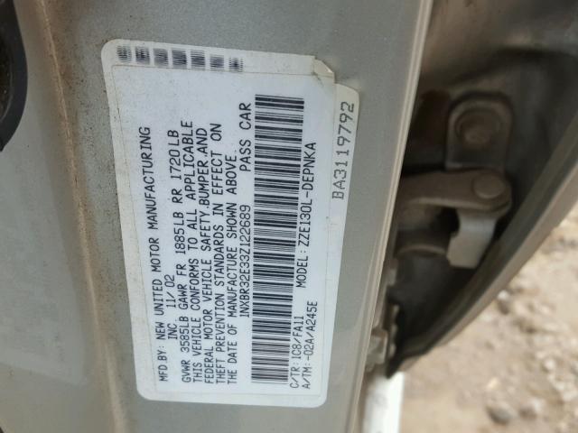 1NXBR32E33Z122689 - 2003 TOYOTA COROLLA CE SILVER photo 10