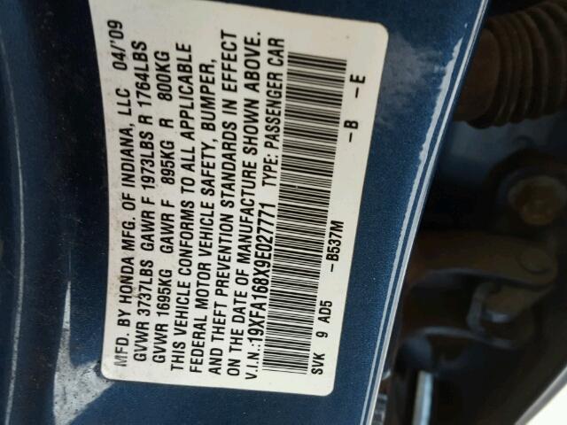 19XFA168X9E027771 - 2009 HONDA CIVIC EX ლურჯი ფოტო 10