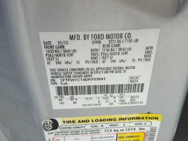 1FTFW1CT4DKF03691 - 2013 FORD F150 SUPER SILVER photo 10