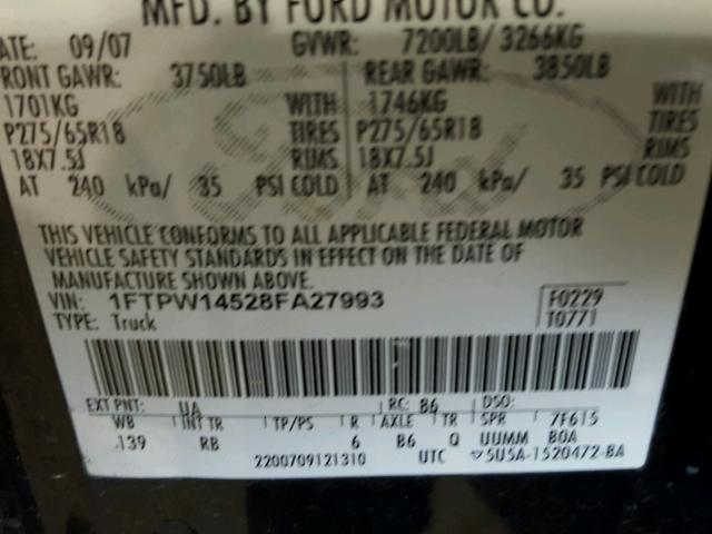 1FTPW14528FA27993 - 2008 FORD F150 SUPER BLACK photo 10