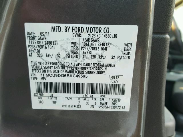 1FMCU9DG6BKC49595 - 2011 FORD ESCAPE XLT GRAY photo 10