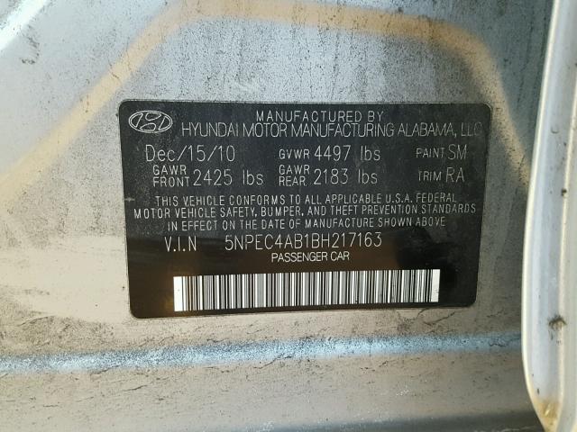 5NPEC4AB1BH217163 - 2011 HYUNDAI SONATA SE SILVER photo 10