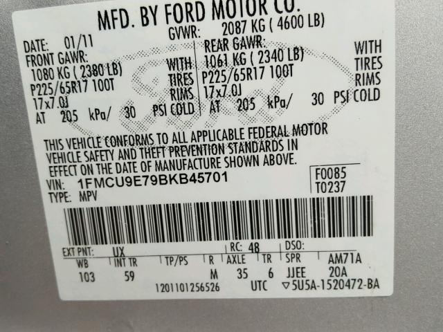 1FMCU9E79BKB45701 - 2011 FORD ESCAPE LIM SILVER photo 10