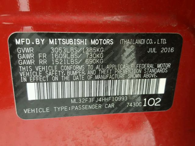 ML32F3FJ4HHF10993 - 2017 MITSUBISHI MIRAGE G4 RED photo 10