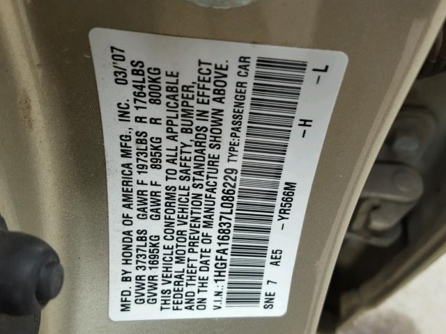 1HGFA16837L086229 - 2007 HONDA CIVIC EX ოქროსფერი ფოტო 10