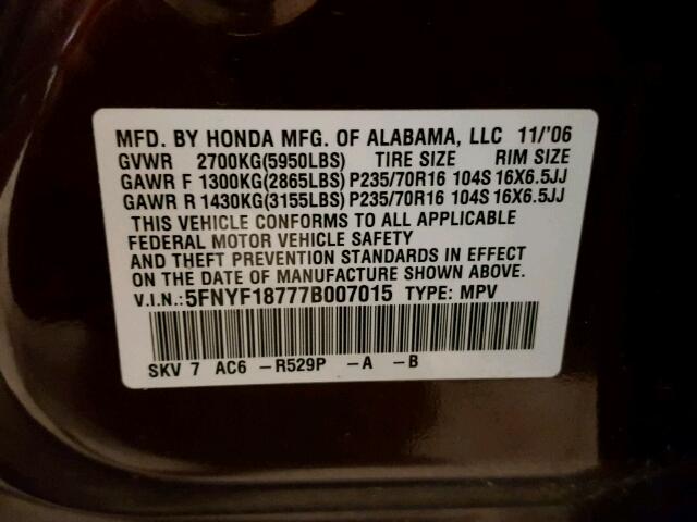 5FNYF18777B007015 - 2007 HONDA PILOT EXL BURGUNDY photo 10