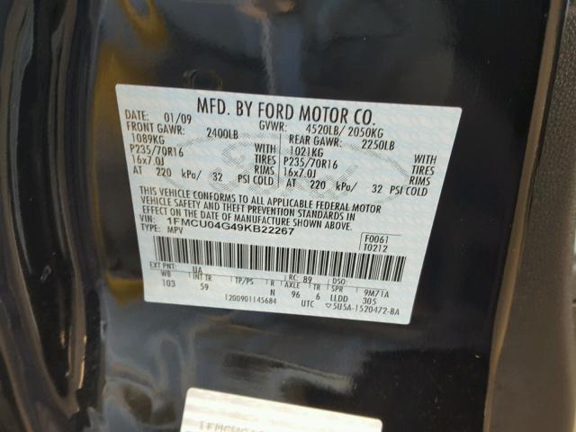 1FMCU04G49KB22267 - 2009 FORD ESCAPE LIM BLACK photo 10