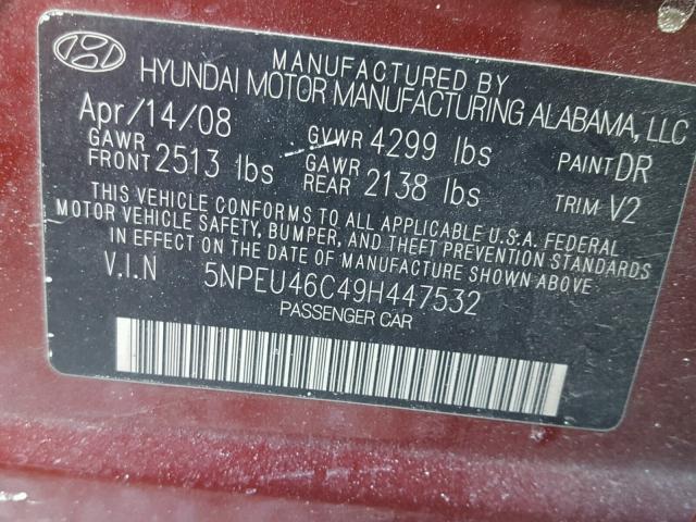 5NPEU46C49H447532 - 2009 HYUNDAI SONATA SE RED photo 10