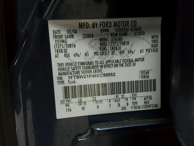 1FTSW21P46EC99552 - 2006 FORD F250 SUPER BLUE photo 10