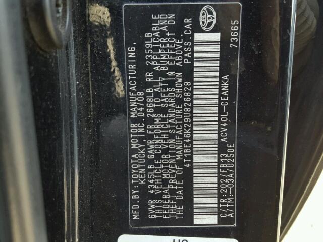 4T1BE46K29U826828 - 2009 TOYOTA CAMRY BASE BLACK photo 10