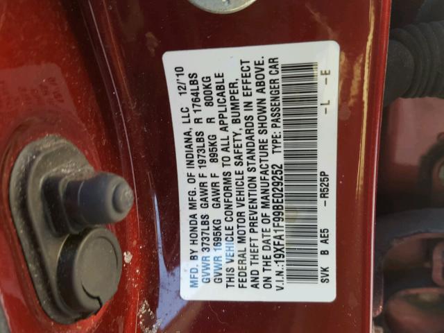 19XFA1F99BE029252 - 2011 HONDA CIVIC EXL BURGUNDY photo 10