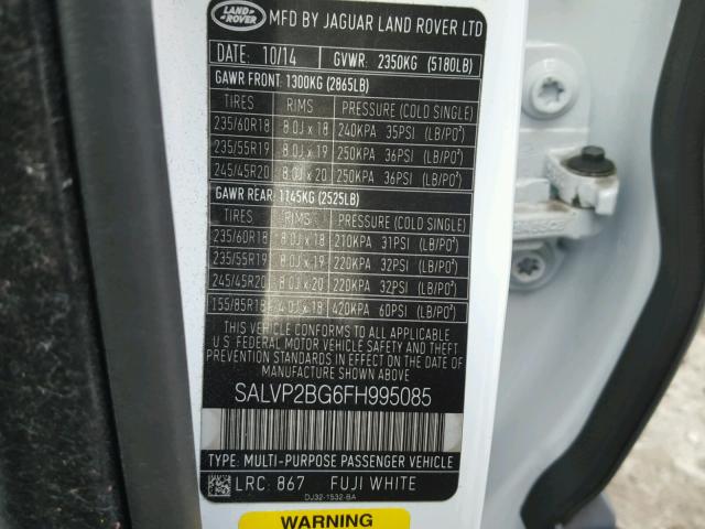 SALVP2BG6FH995085 - 2015 LAND ROVER RANGE ROVE WHITE photo 10