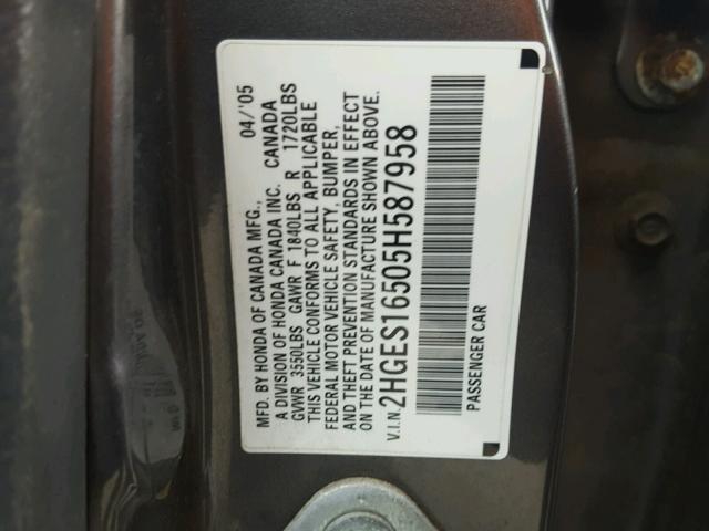 2HGES16505H587958 - 2005 HONDA CIVIC LX SILVER photo 10