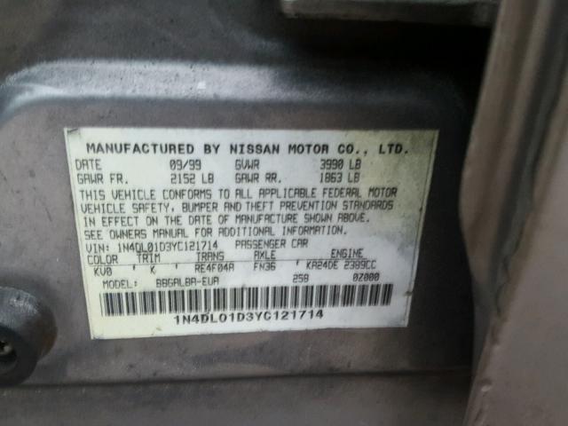 1N4DL01D3YC121714 - 2000 NISSAN ALTIMA XE GRAY photo 10