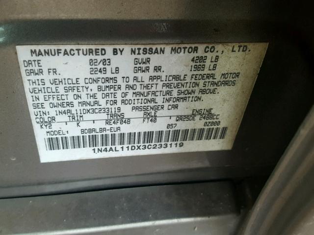 1N4AL11DX3C233119 - 2003 NISSAN ALTIMA BAS TAN photo 10