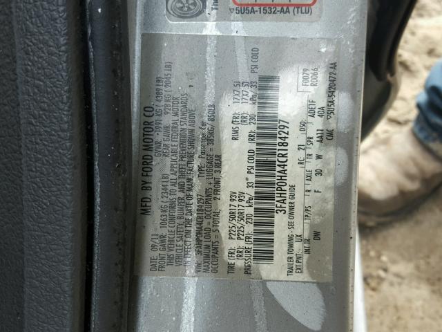 3FAHP0HA4CR184297 - 2012 FORD FUSION SE SILVER photo 10