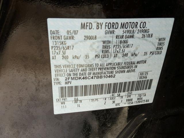 2FMDK46C47BB10462 - 2007 FORD EDGE SE BLACK photo 10