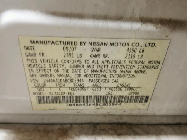 1N4BA41E48C805944 - 2008 NISSAN MAXIMA SE WHITE photo 10