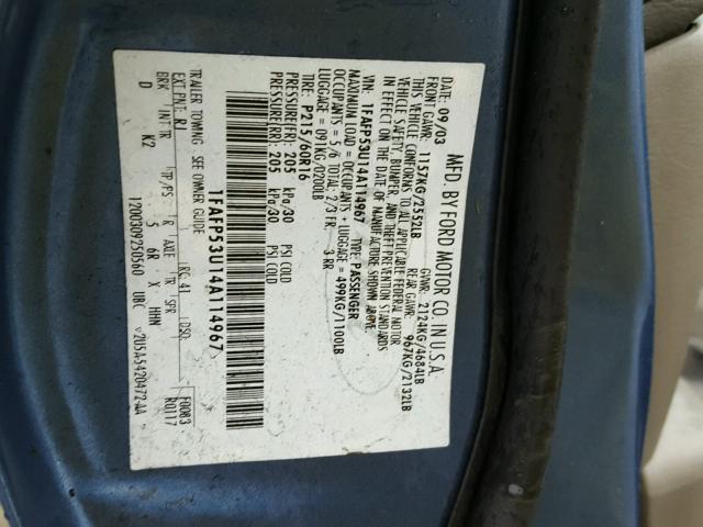 1FAFP53U14A114967 - 2004 FORD TAURUS SE BLUE photo 10