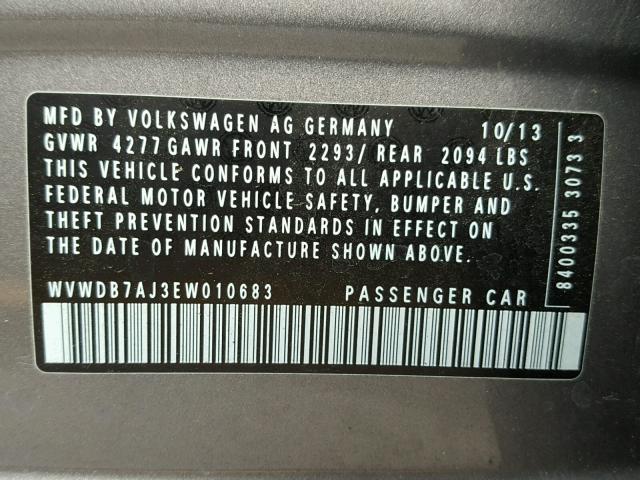 WVWDB7AJ3EW010683 - 2014 VOLKSWAGEN GOLF GRAY photo 10