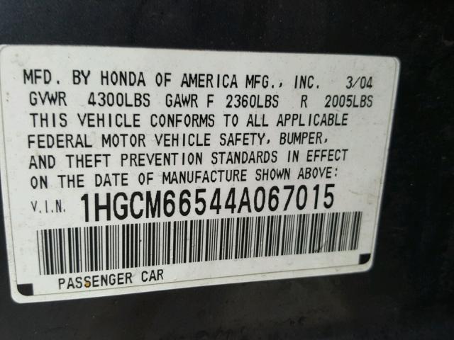 1HGCM66544A067015 - 2004 HONDA ACCORD EX GRAY photo 10