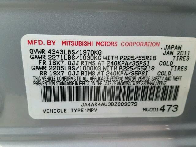 JA4AR4AU3BZ009979 - 2011 MITSUBISHI OUTLANDER SILVER photo 10