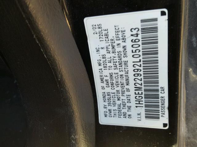 1HGEM22992L050643 - 2002 HONDA CIVIC EX შავი ფოტო 10
