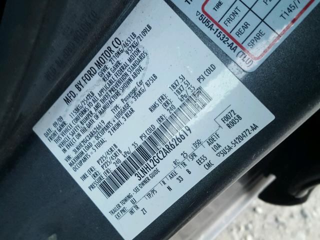 3LNHL2GC2AR626619 - 2010 LINCOLN MKZ GRAY photo 10