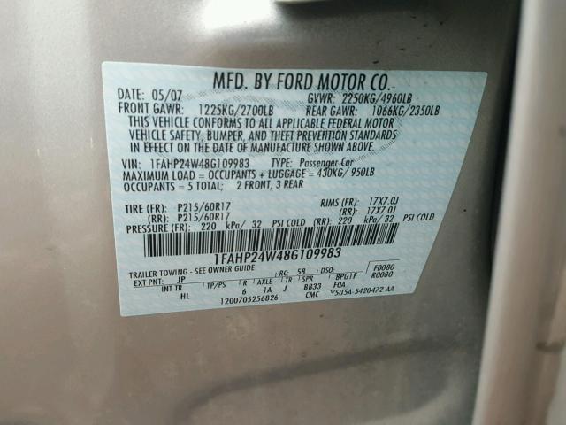 1FAHP24W48G109983 - 2008 FORD TAURUS SEL GRAY photo 10